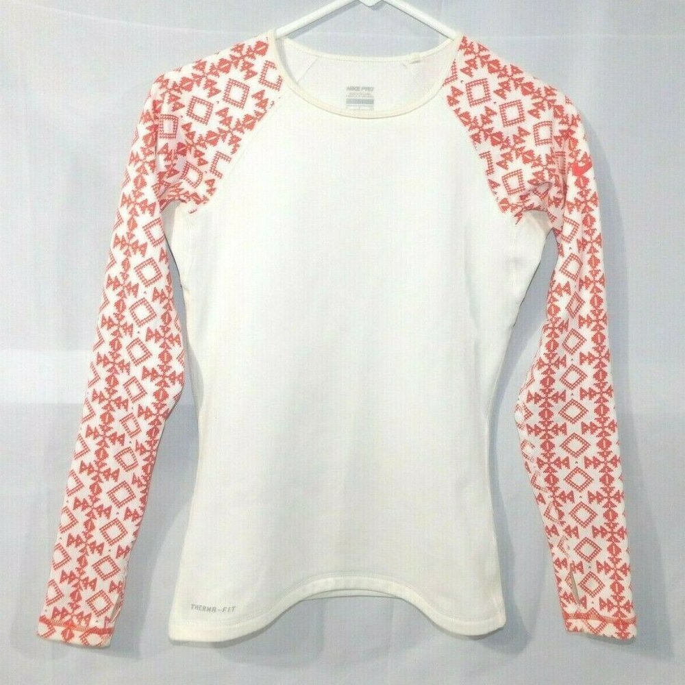 Nike Pro Themra-Fit Red White Fleece Lined athletic Pullover shirt Womens S